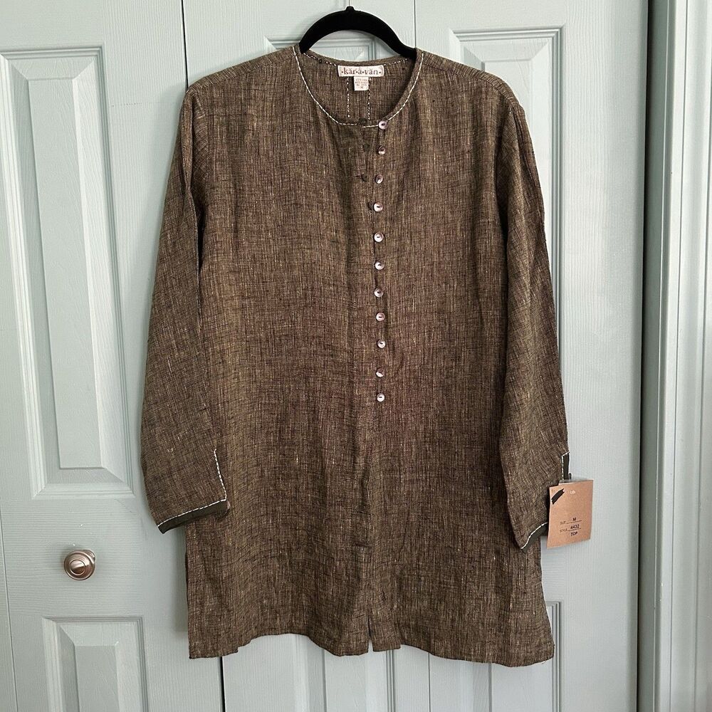 Karavan Womens Olive Green Linen Button Front Tunic Top Medium India Hippie
